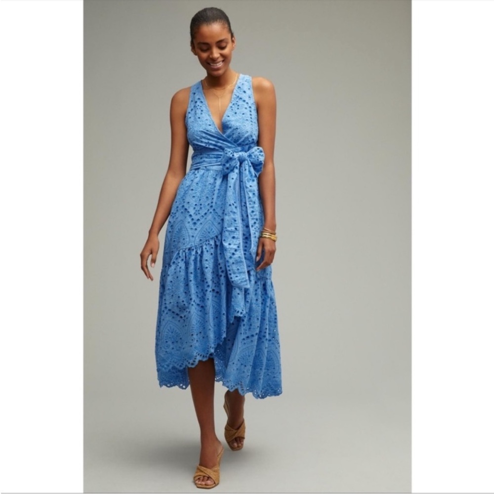 ANTHROPOLOGIE Eyelet Cutouts Wrap Midi Dress Tiered Blue Plus Size 14 NWT